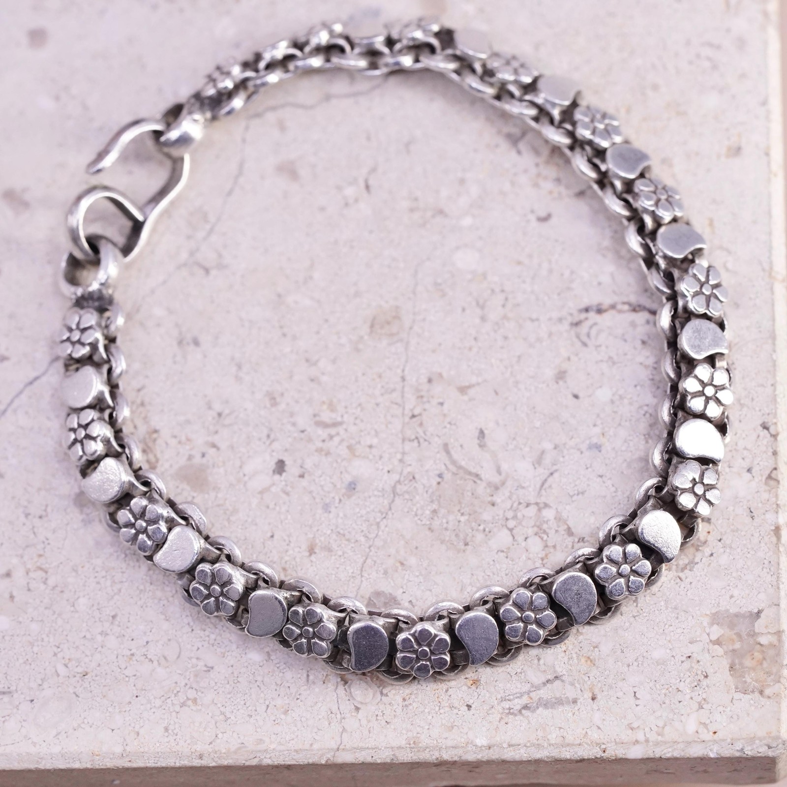 7.25″, vintage Sterling silver handmade tennis bracelet, 925 flower links