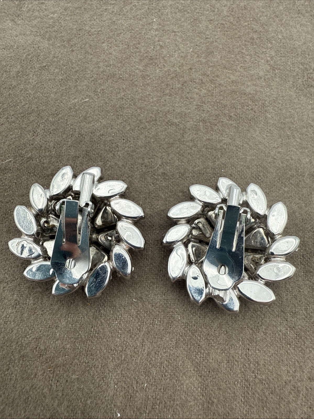 Vintage Clear Rhinestone Tiered Clip On Earrings Silver Tone