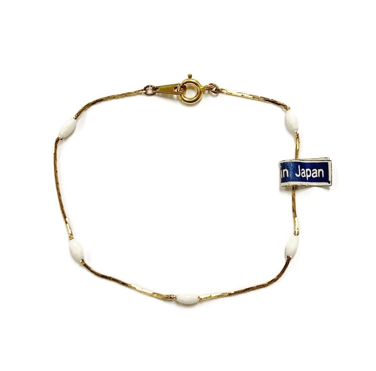 Vintage Japanese Brass Box Chain White Pearl Beaded 7″ Bracelet L521