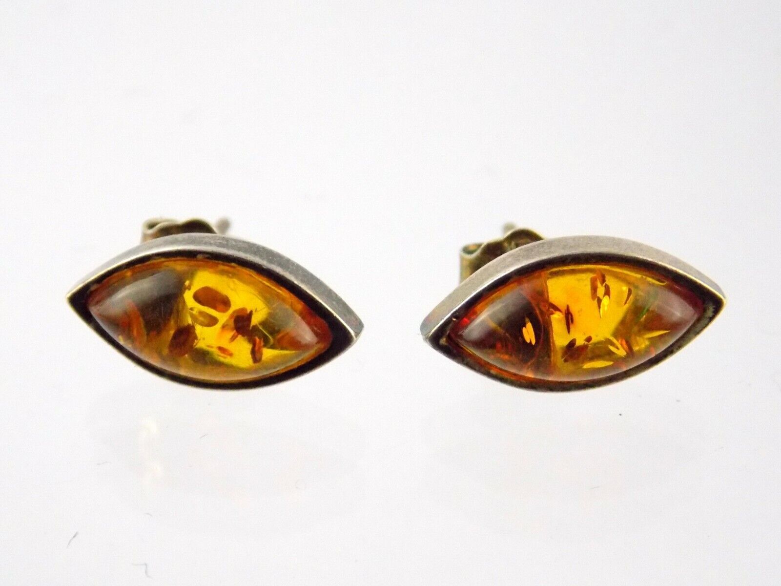Sterling Silver Orange Amber Cabochon Stud Earrings .5 Inch Length 2.5g