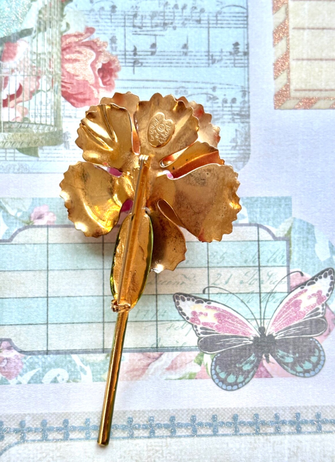 1960s Vintage Signed Original By Robert Pretty Pink Carnation FLOWER BROOCH pin