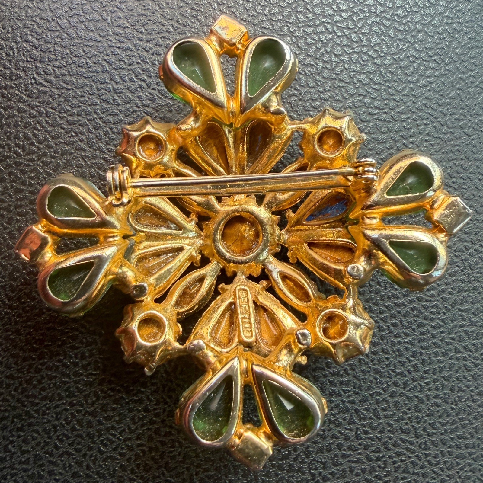 Vibrant Vintage Signed Edlee Rhinestone Maltese Cross Brooch Blue Pink Green