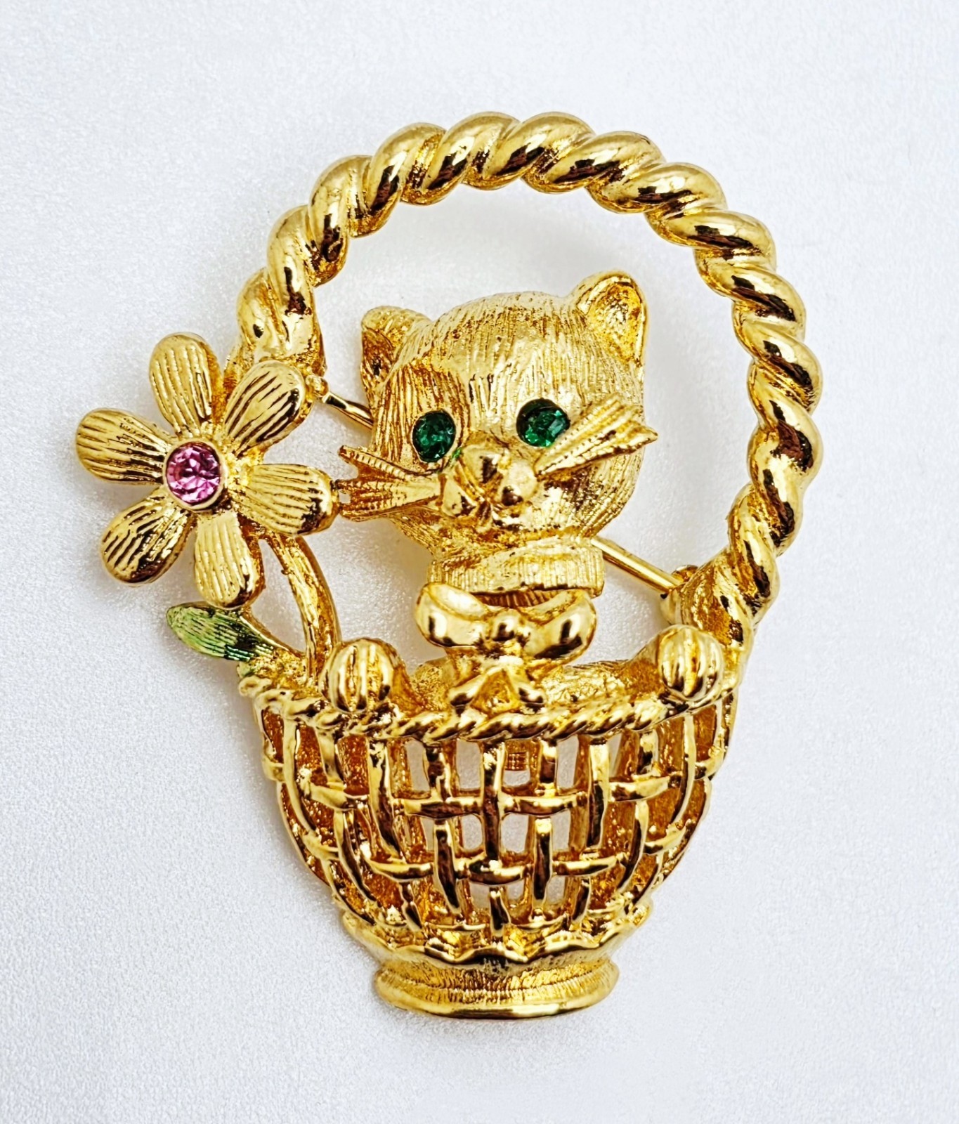 Vintage Signed Trifari Rhinestone Kitten / Cat in Flower Basket Trembler Brooch