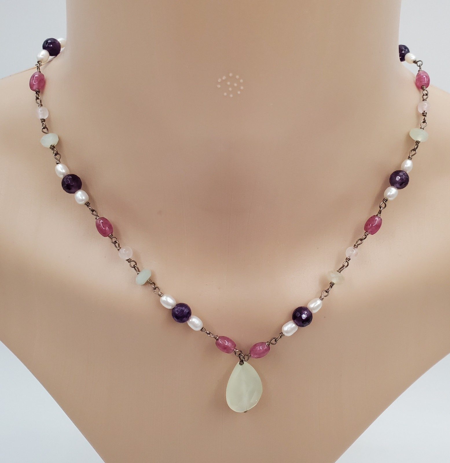 VTG 925 Pearl and Gemstone Jade Teardrop Necklace 18in Sterling Silver 12gtw