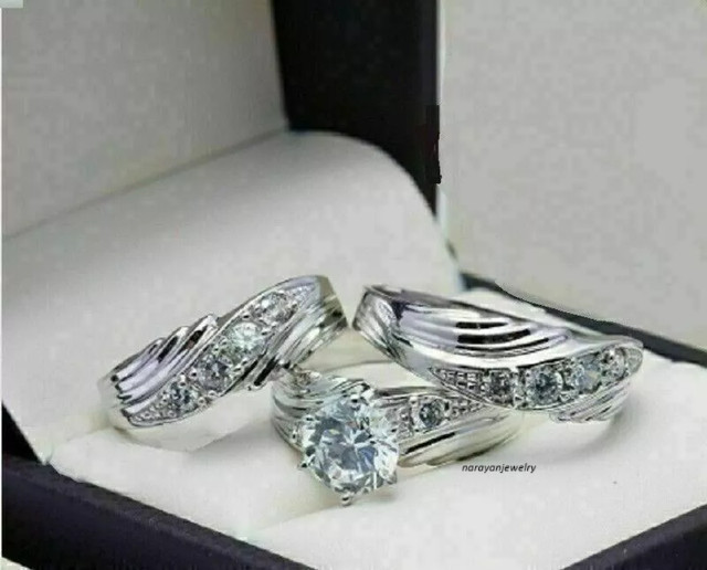 His/ Her Wedding 14k White Gold Plated Round Lab-Created Diamond Trio Set Ring