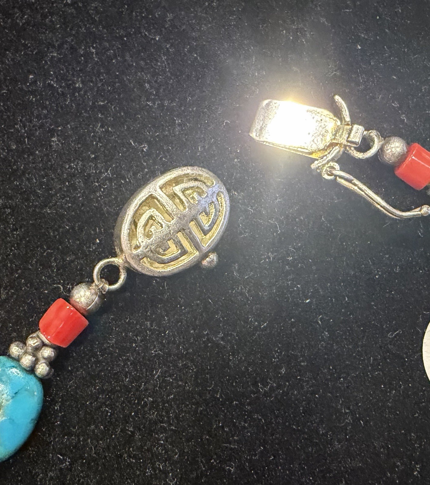 Vintage Turquoise And Natural Blood Red Coral & Pewter Silver 925 Clasp 16”