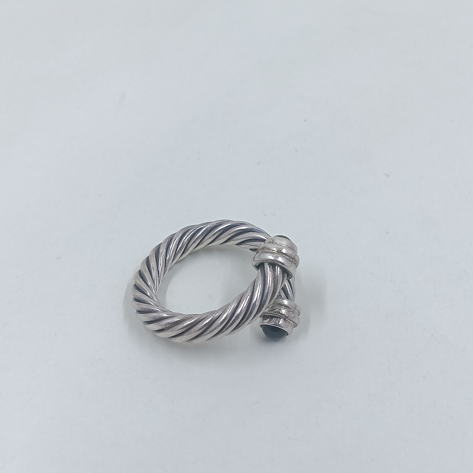 Vtg Sterling Silver Twisted Cable Wrap Ring Black Onyx Style Open Bypass…