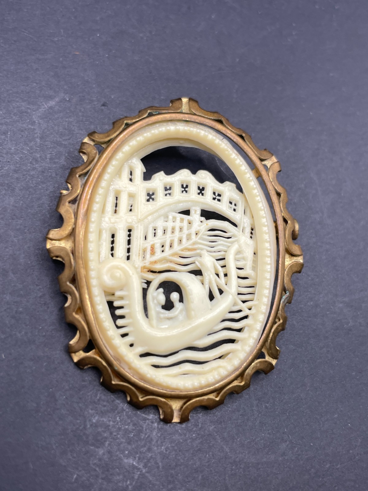 Vintage Art Deco Carved Celluloid Venice Scene Brooch Cameo