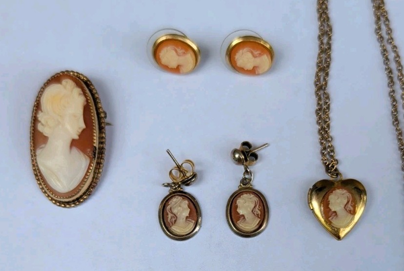 Vintage Faux Cameo Brooch Necklace And 2 x Earrings
