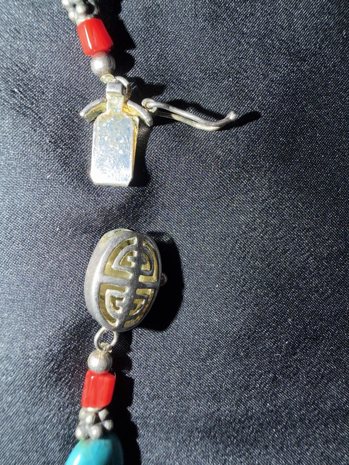 Vintage Turquoise And Natural Blood Red Coral & Pewter Silver 925 Clasp 16”