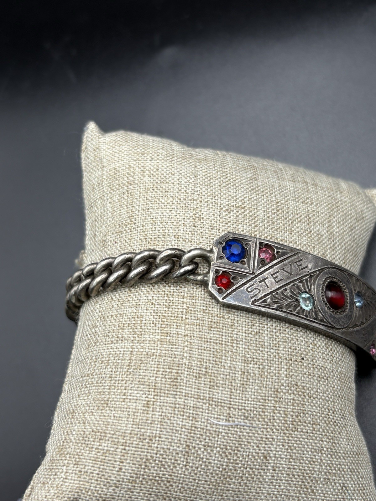 Vintage Sterling Silver ID Men Bracelet Engrave Steve Color Stone Heavy 46g 8”