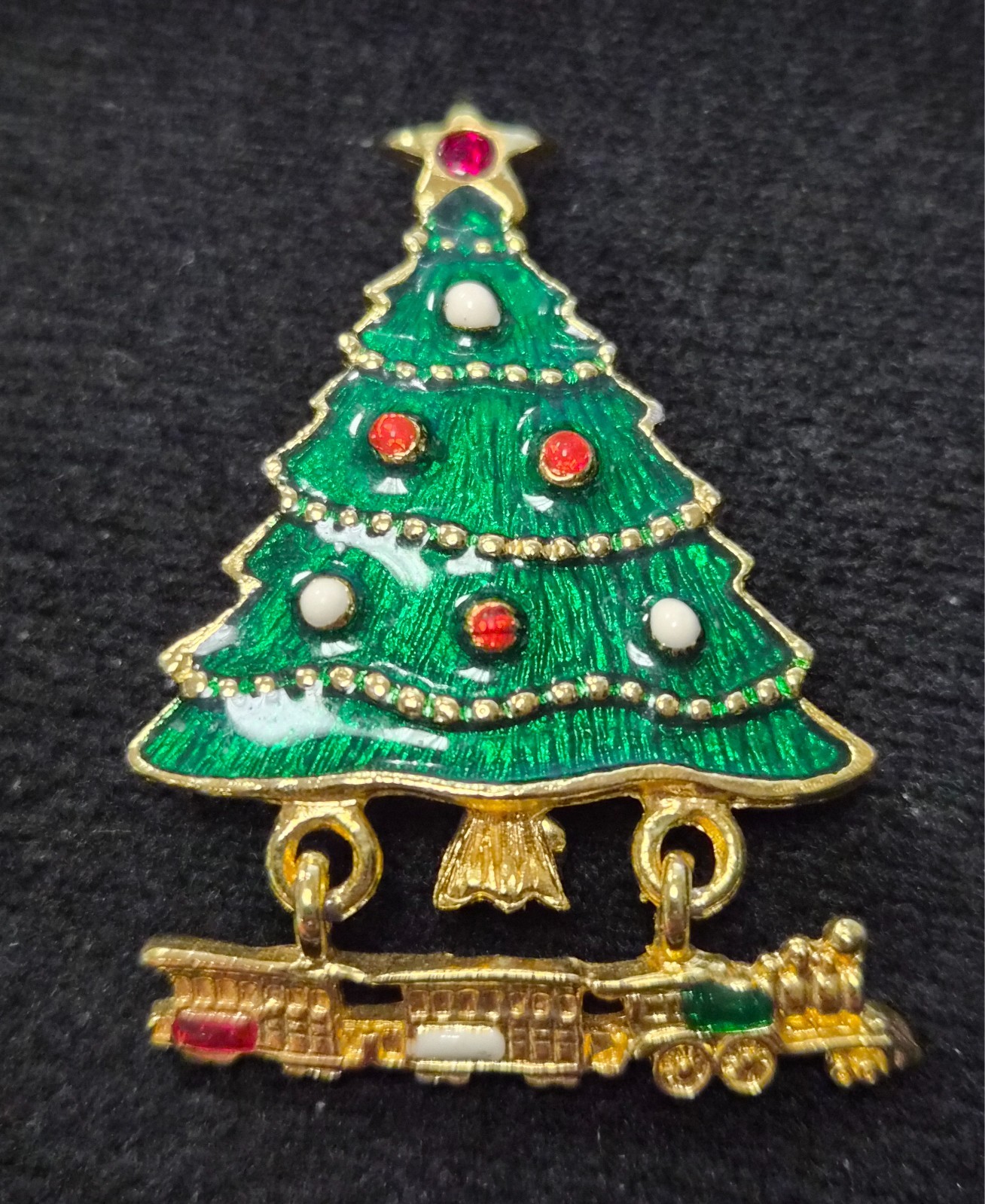 Vintage 80’s Gold Tone & Enamel Christmas Tree W/ Dangle Toy Train Pin / Brooch