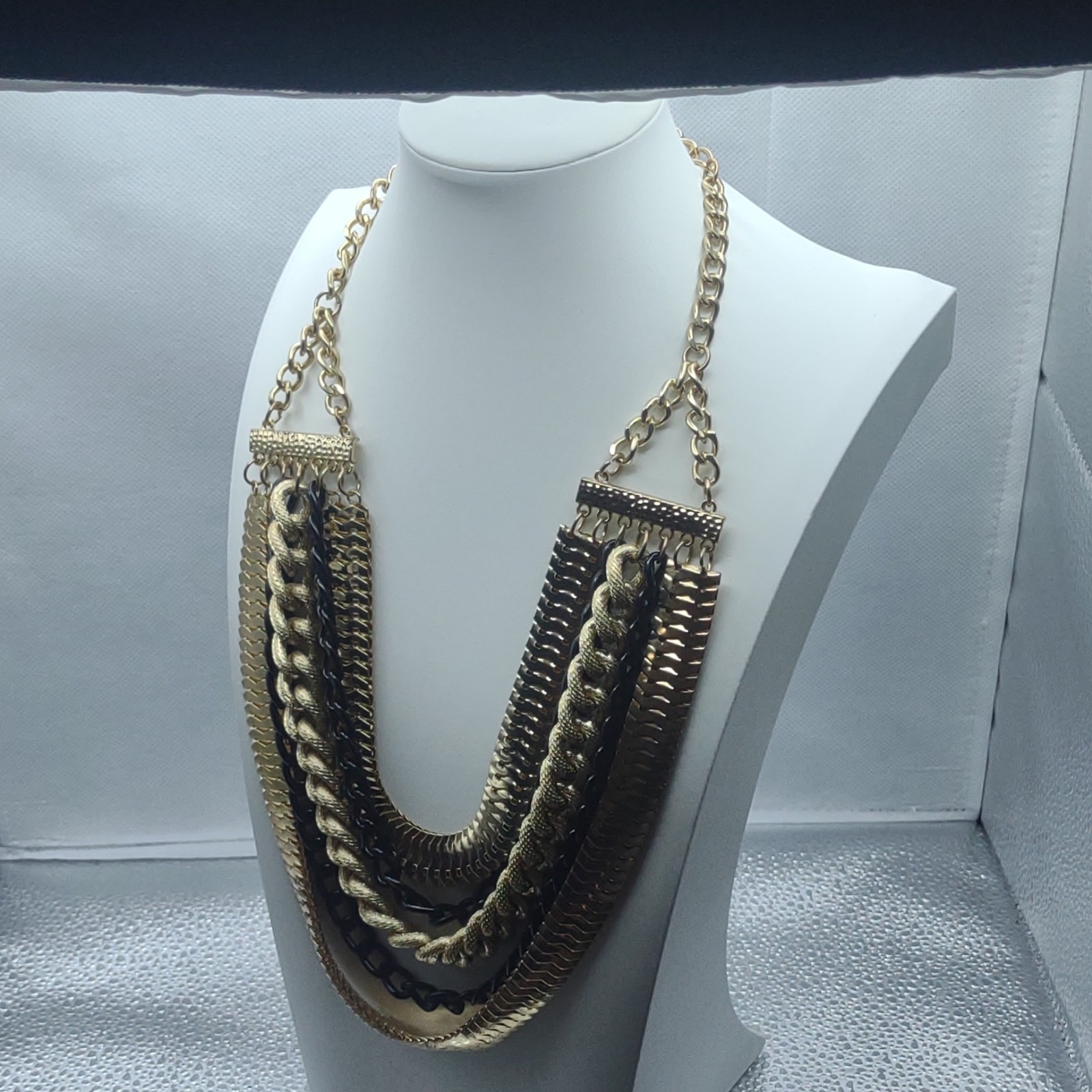 Chicos Gold Layered Chain Bib Necklace Long Adjustable