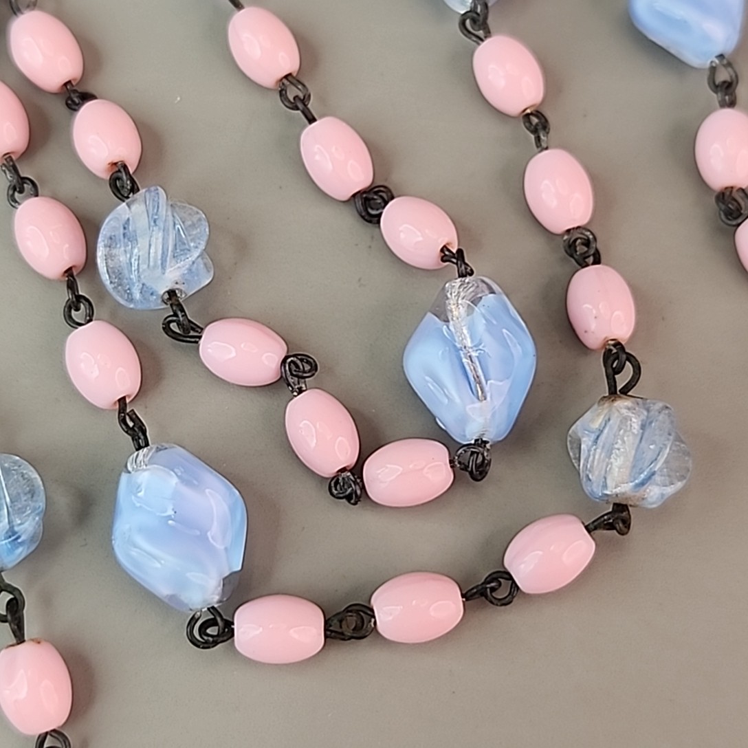 Vintage Art Deco Beaded Necklace Blue Givre Pink Milk Glass 59″ Long Flapper