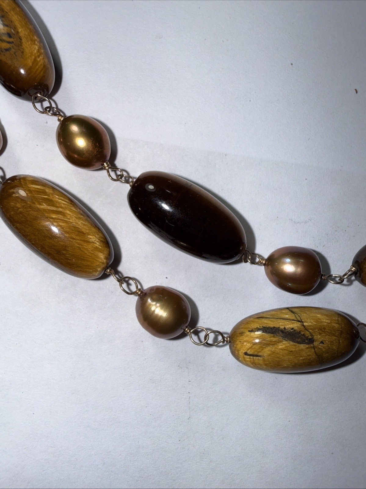 Necklace 2 Strand Tiger’s Eye Cultured Pearl Vermeil Toggle Clasp Vintage Unused