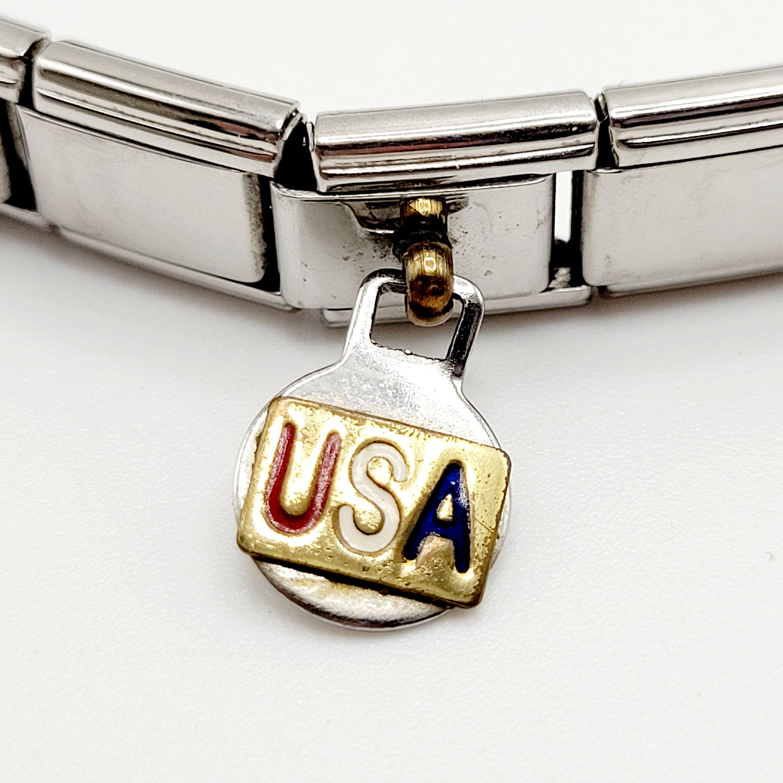 Vintage Italian Style Modular Stainless Steel Charm Bracelet w Mom USA Flag Dog