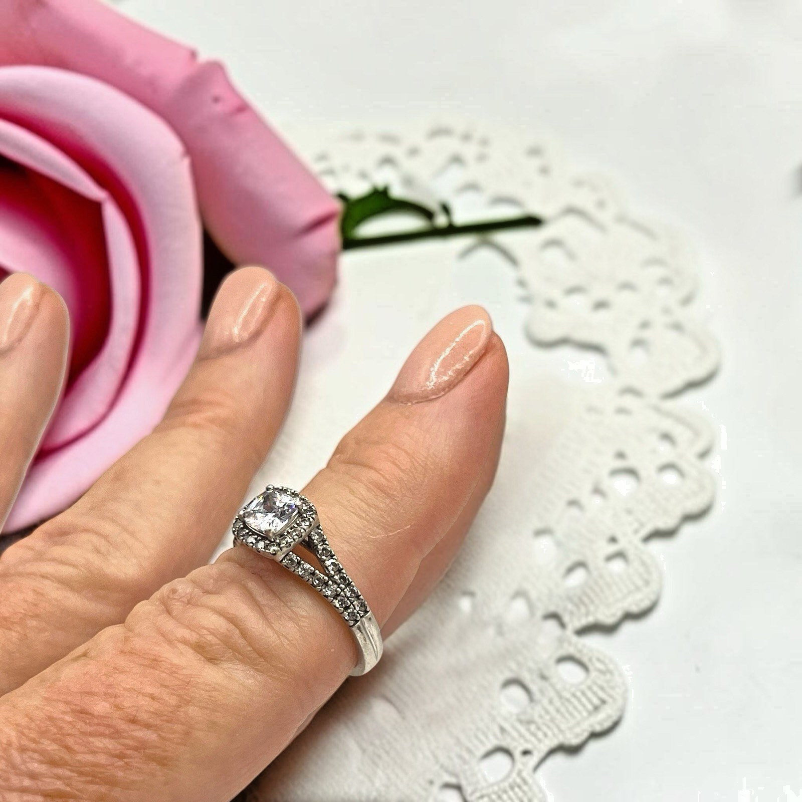Vintage EC 925 Sterling Silver CZ Halo Accent Split Shank Ring, size 7