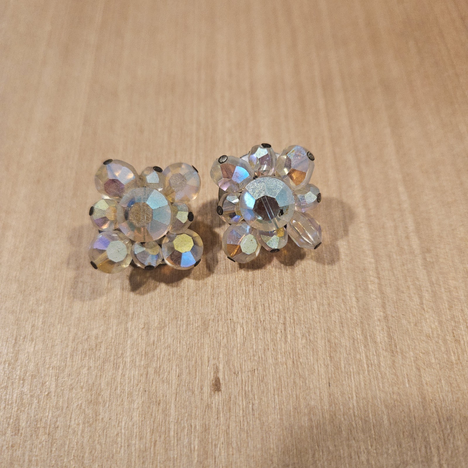 Vintage AB Crystal Flower Cluster Clip Earrings Heavy Glass Aurora Borealis