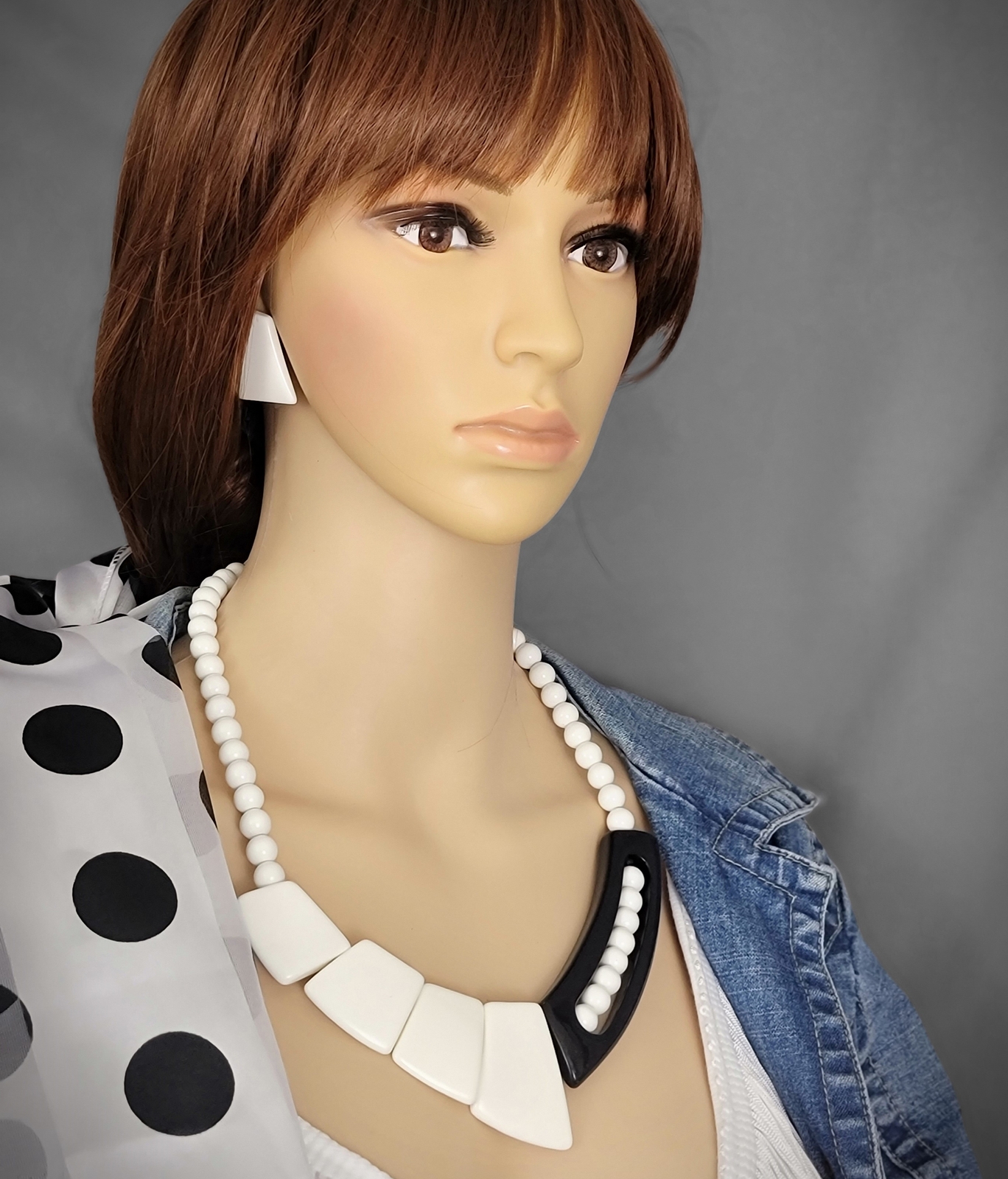 Black White Bead Lucite Geometric Earrings 1.75″ Necklace 21″ Women Jewelry Set