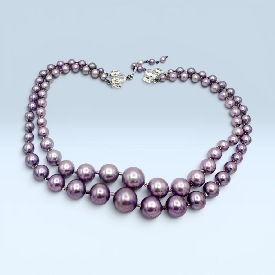 VTG Japan Lavender Purple Double Strand Beaded Necklace Graduated Faux Pearl