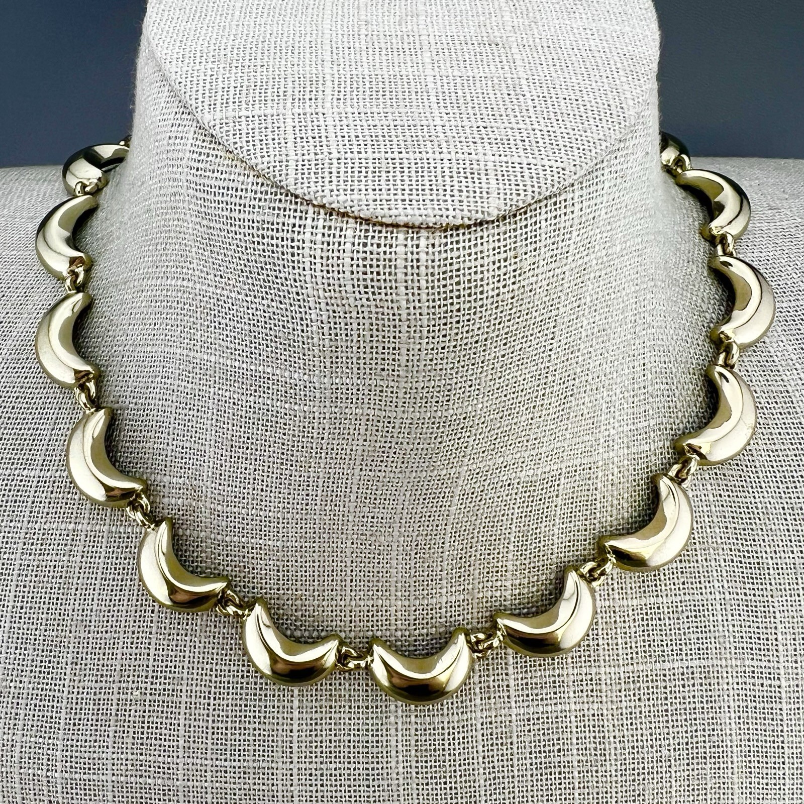 Monet Necklace Crescent Moon Wave Gold Tone Link Signed 16”