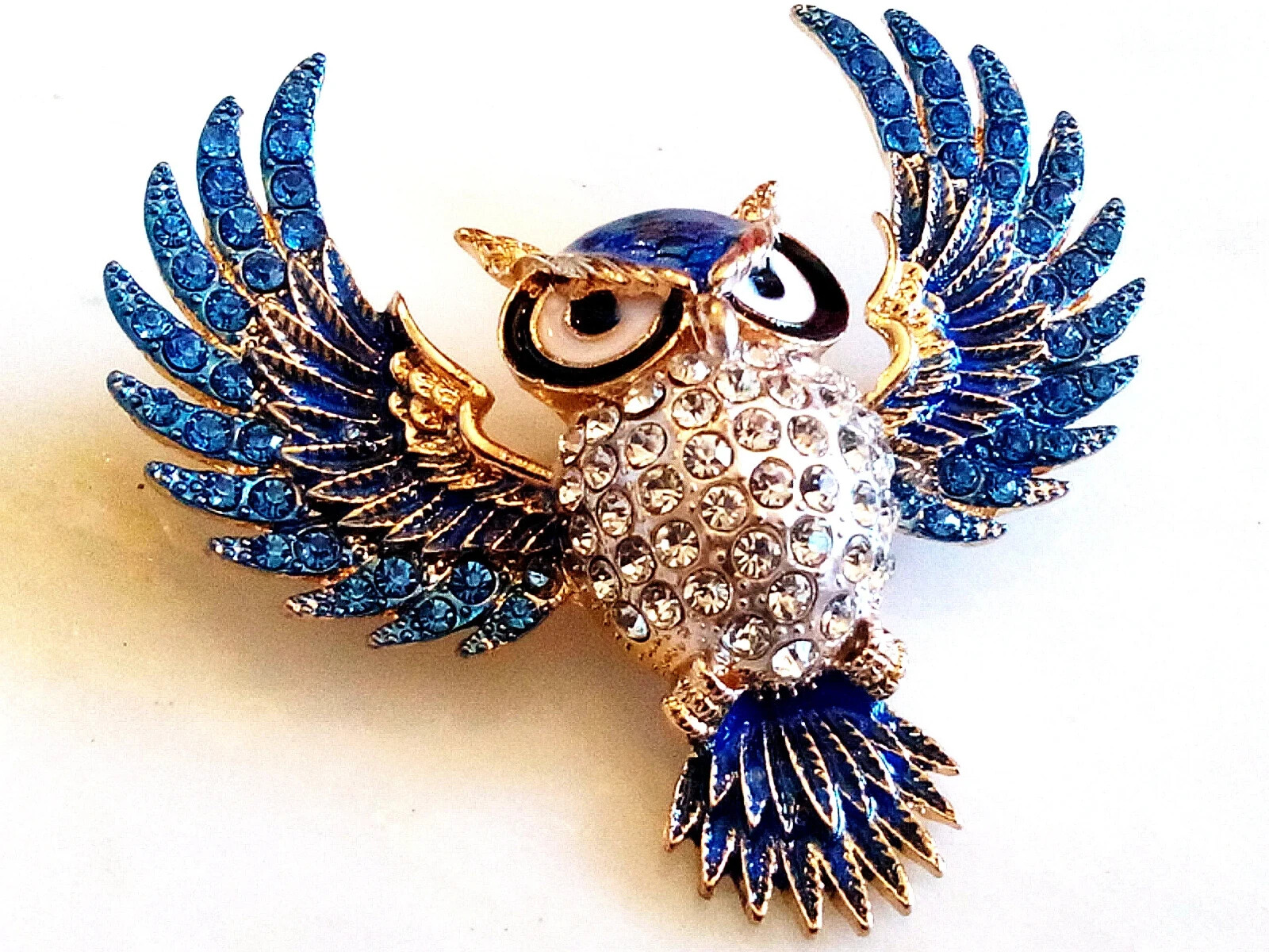 RHINESTONE OWL BROOCH! Enameled Wise Bird Pendant/Pin. Deep Blue Crystals.