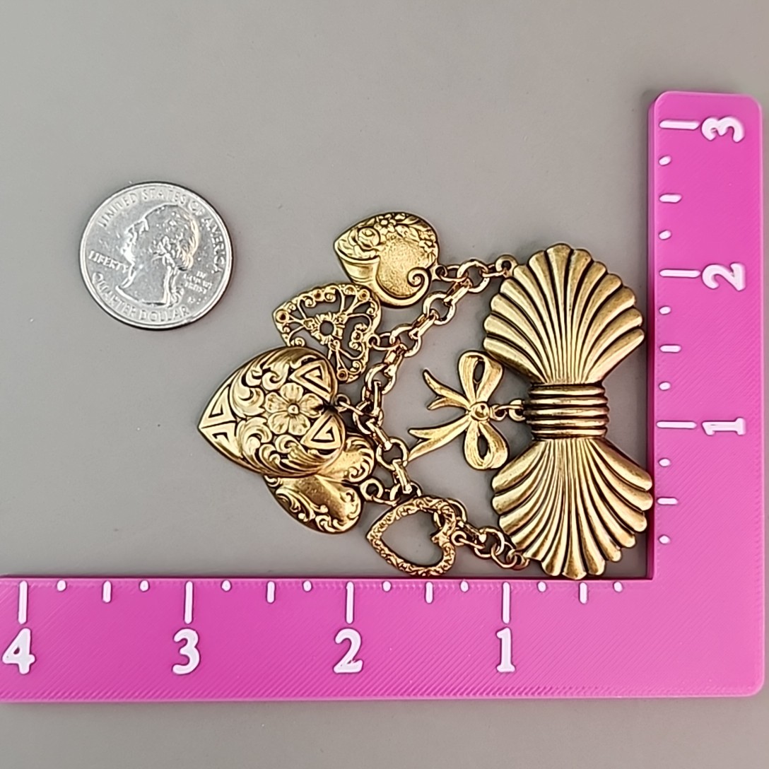 Vintage Heart Dangle Brooch Chatelaine Style Gold Tone Bow 2 1/8″