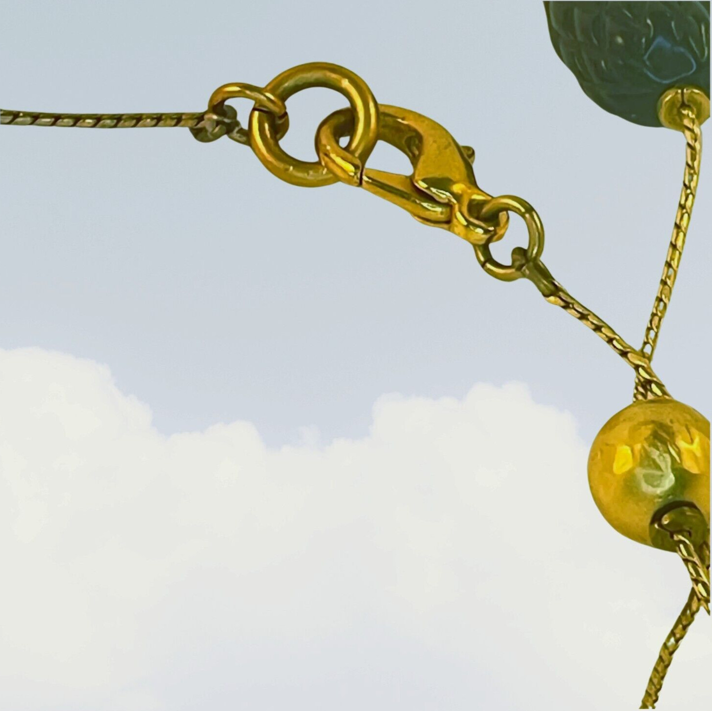 Sculpted Pinecone Station Necklace Satin 18kt Gold Foxtail Chain Lucite 30 In