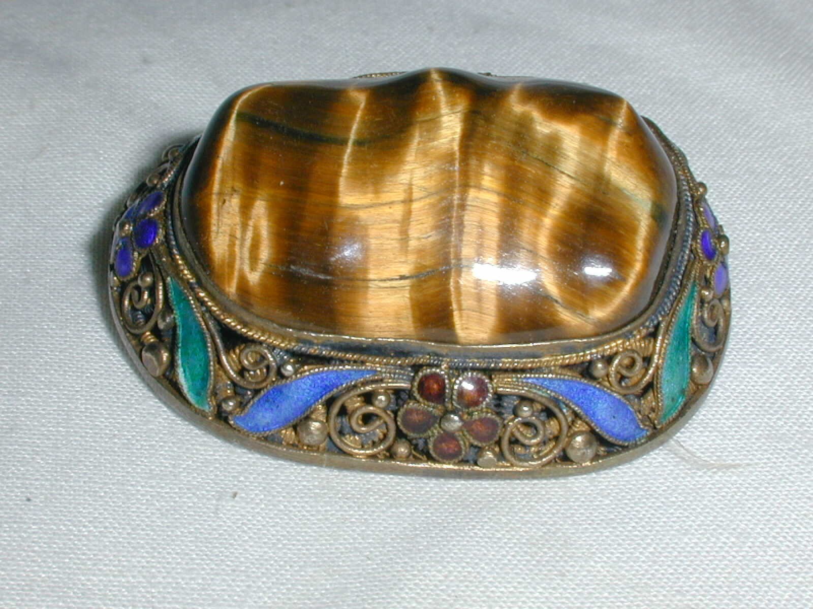 STUNNING~ IRIDESCENT TIGER’S EYE GILT SET SILVER ENAMEL CHINESE EXPORT BROOCH!
