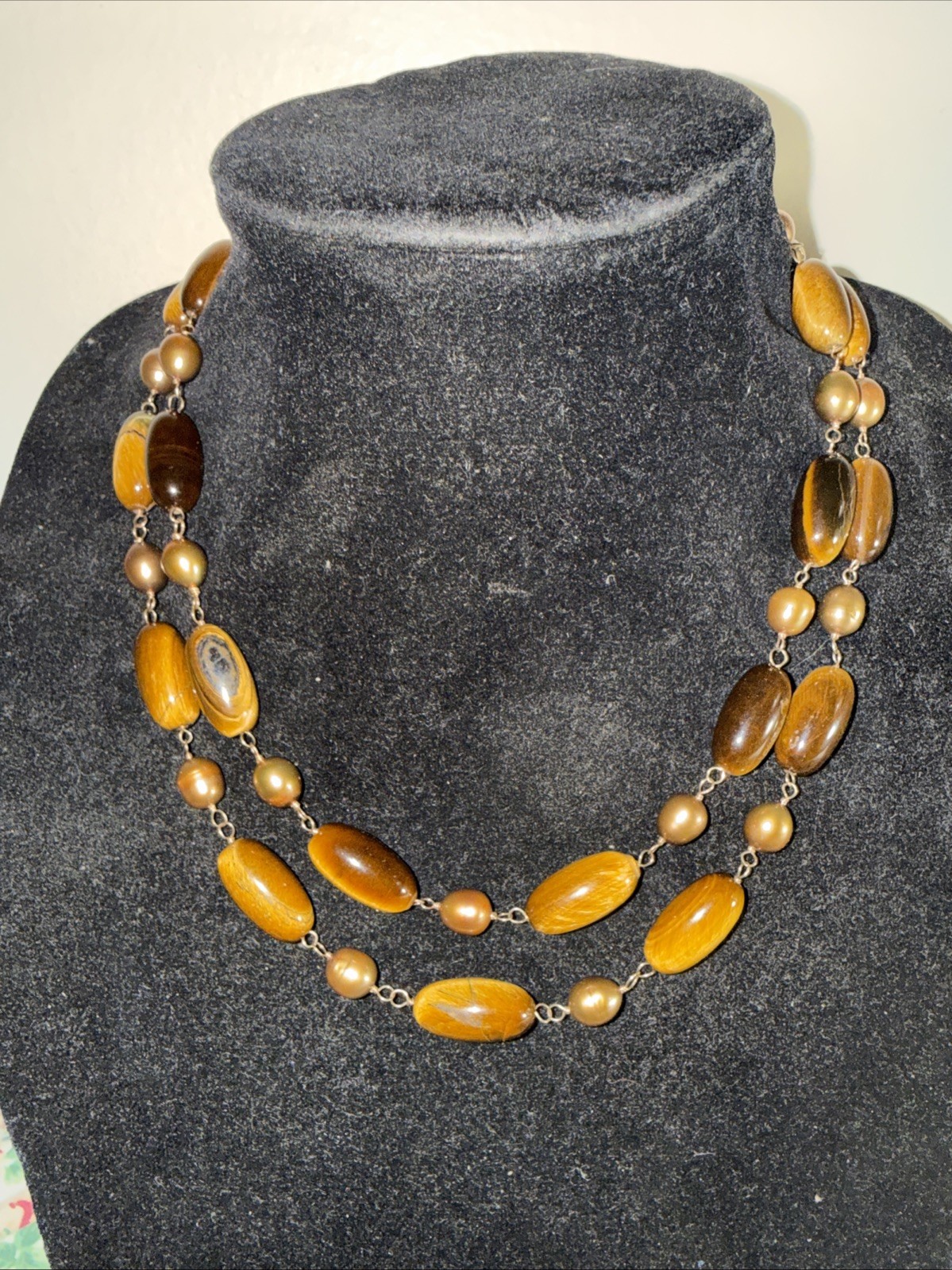 Necklace 2 Strand Tiger’s Eye Cultured Pearl Vermeil Toggle Clasp Vintage Unused