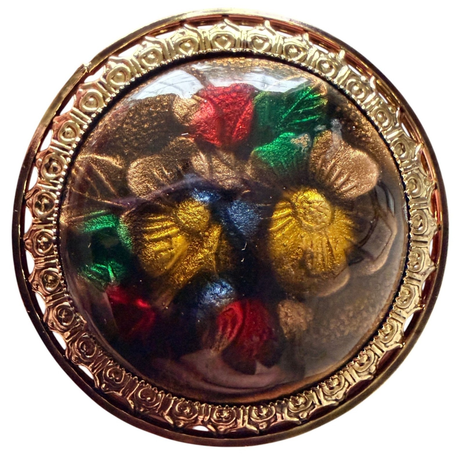 Vintage Reverse Carved Lucite Brooch Gold Tone Floral Pin 1950s New Old Stock