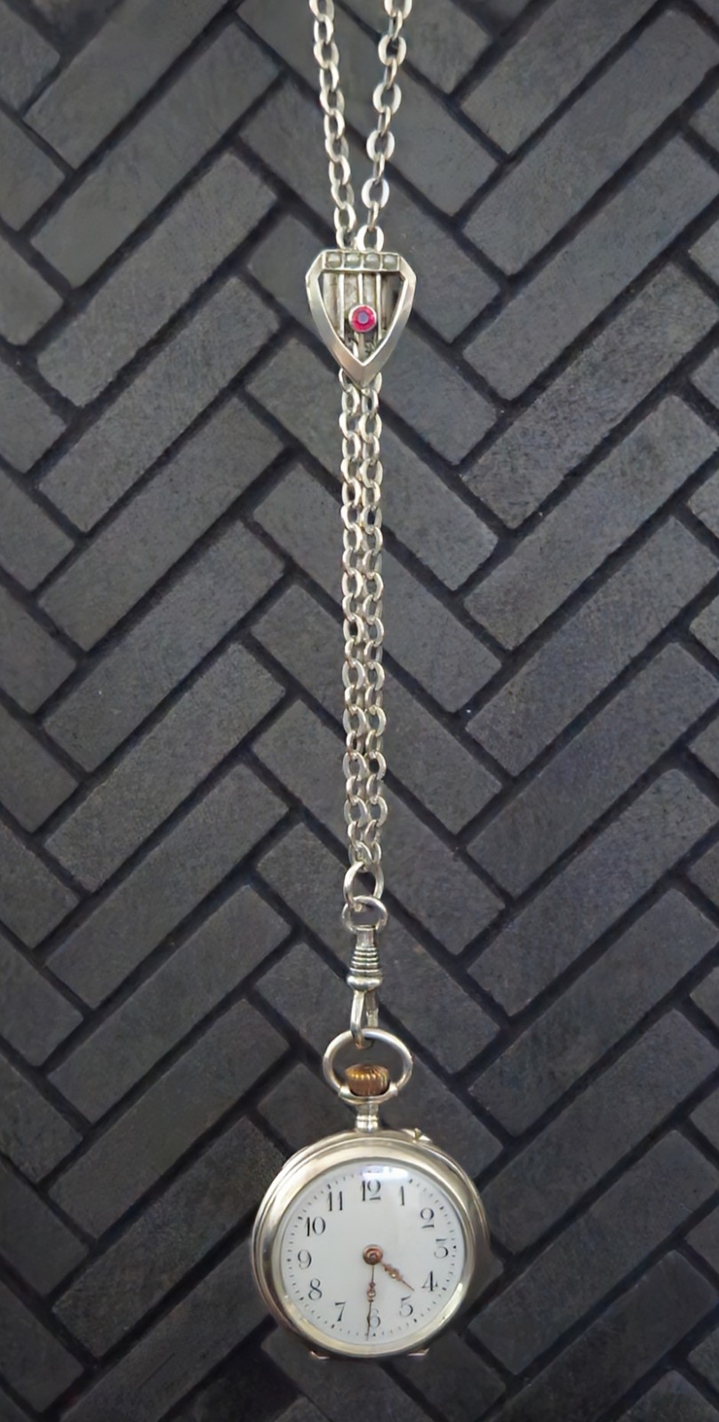 Victorian .800 Silver 57″ Guard Chain Watch Pendant Necklace Garnet Pearl Slide