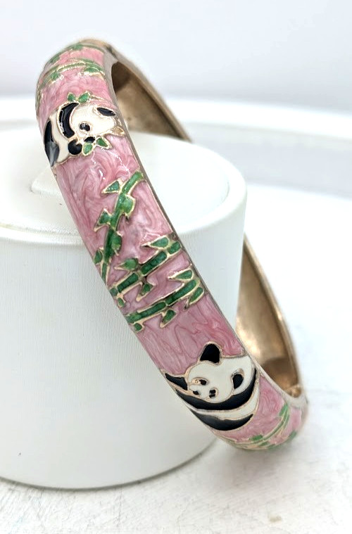 Vintage Cloisonne Panda Hinged Bracelet Pink Enamel Bamboo Gold Tone Bangle