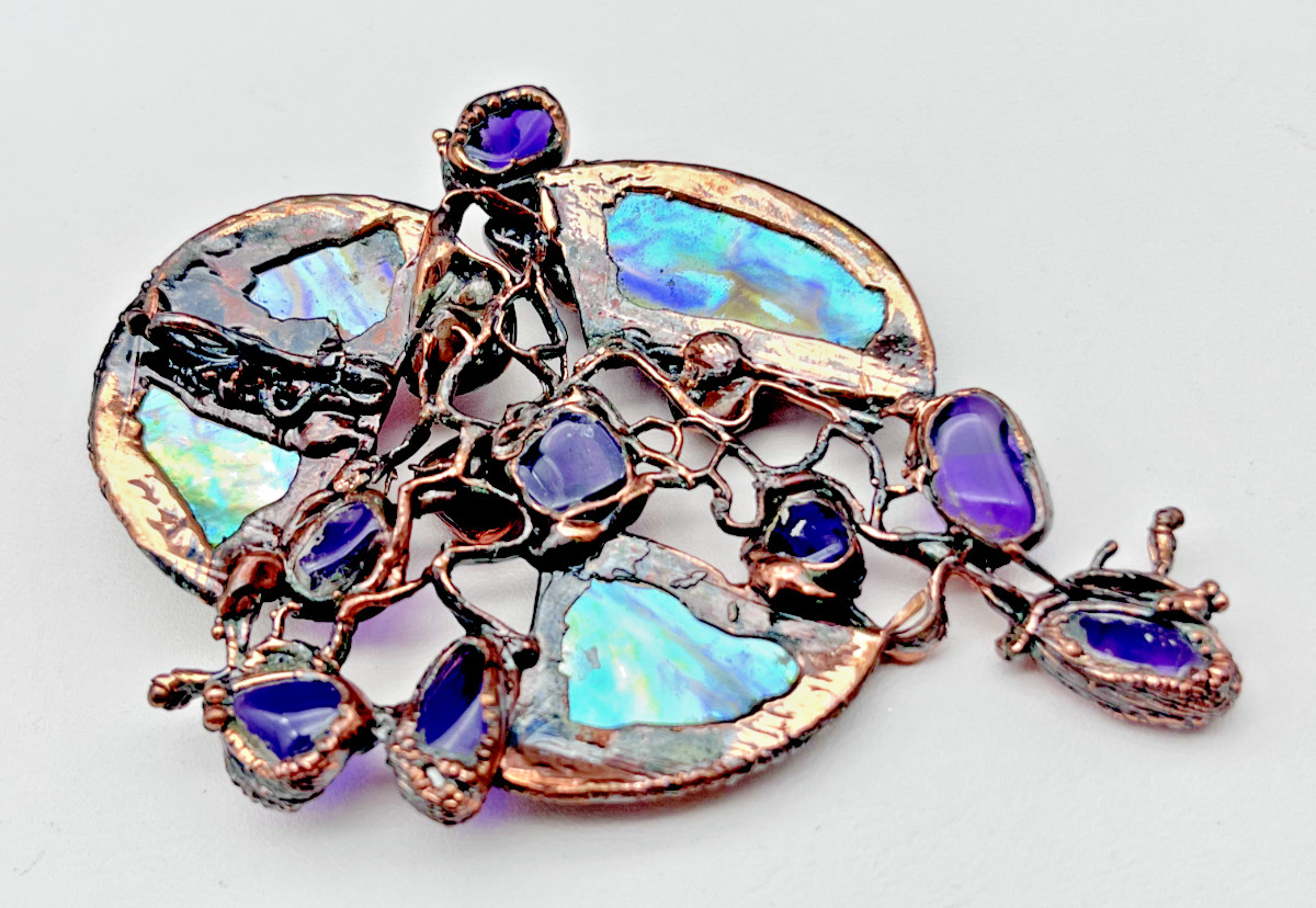 Artisan LG Purple Amethyst Stone Abalone Shell Copper Bezel Set Pendant Handmade