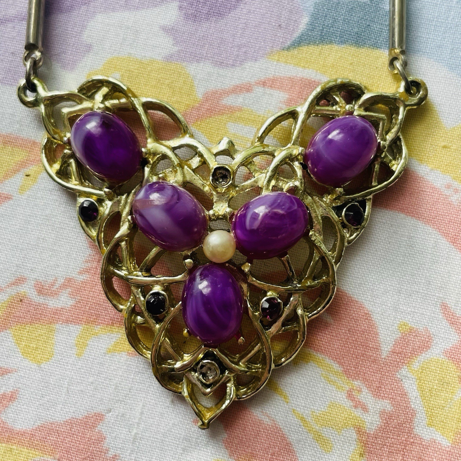 Vintage Chain Link Necklace With Purple Rhinestones Cabochon Beads AS IS