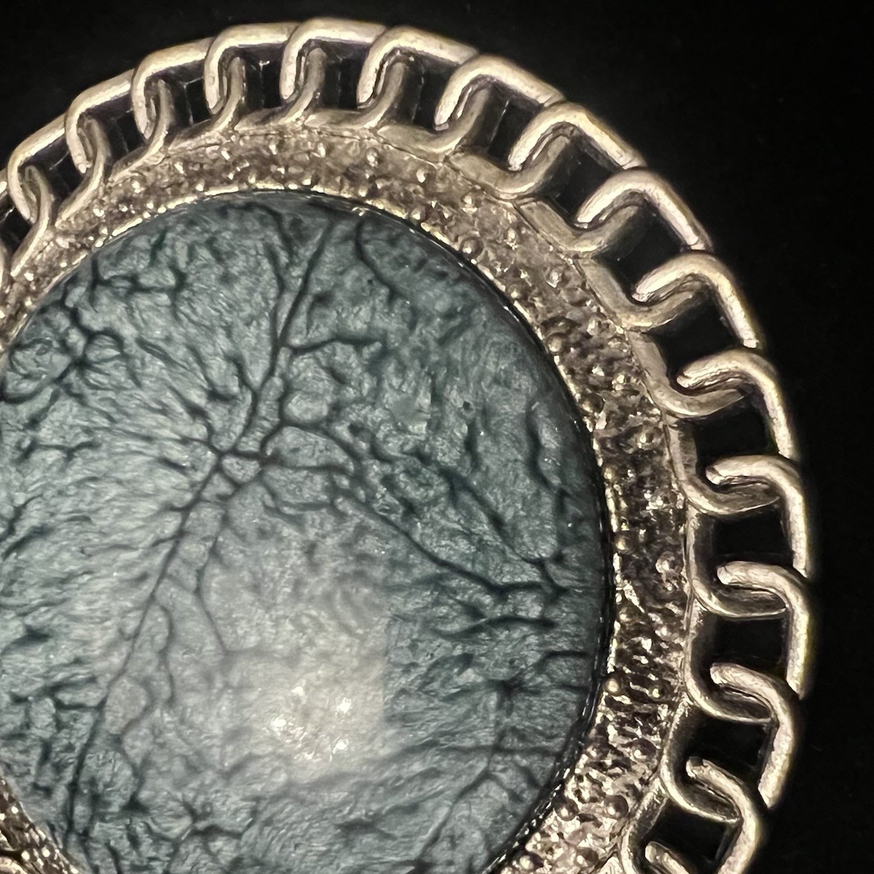 Vintage Brutalist Abstract Pendant Silver Tone Dentridic Stone Look Medallion 3”