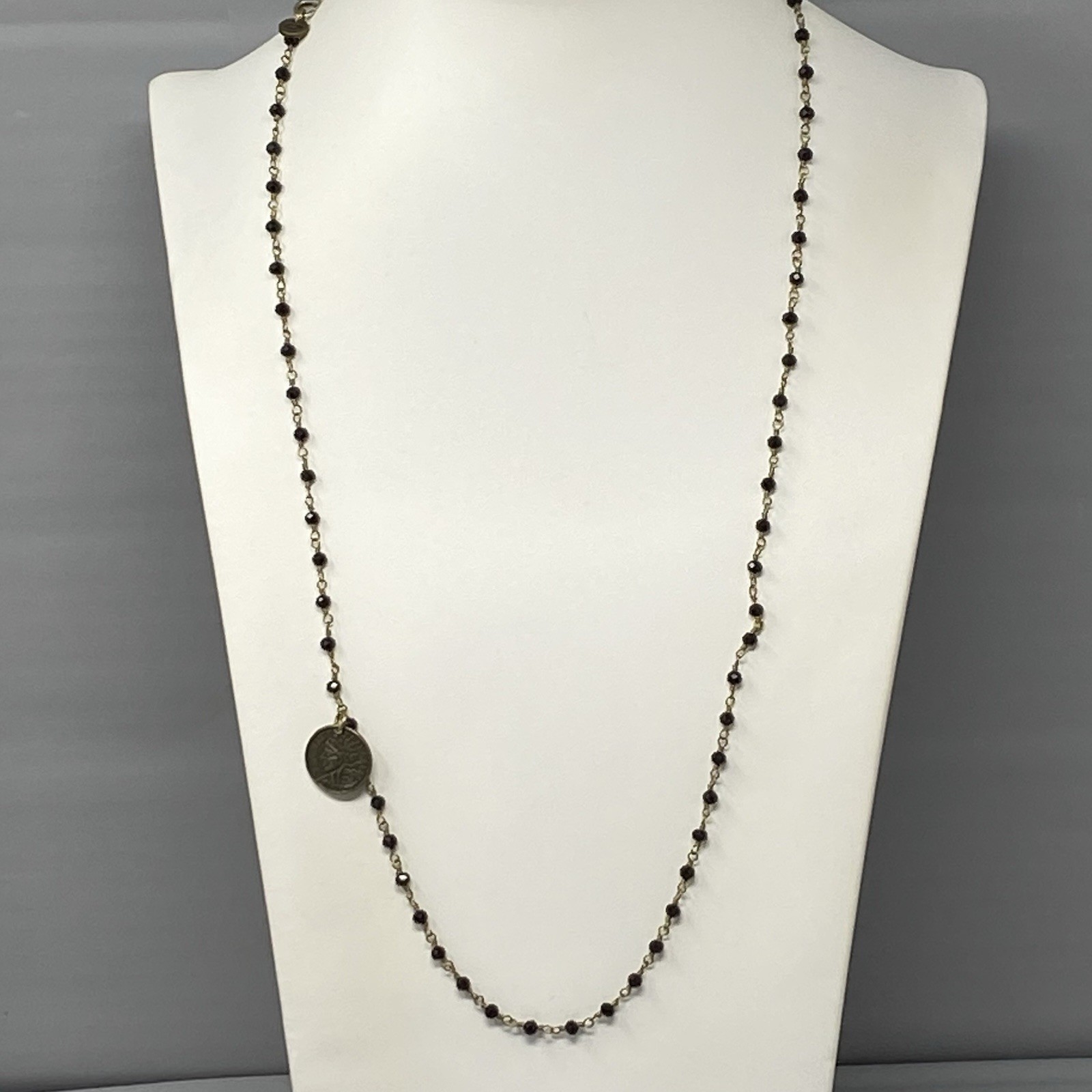 Designer Glass Bead Necklace R&R Coin Charm Chain Links Black Facet Retro 28″