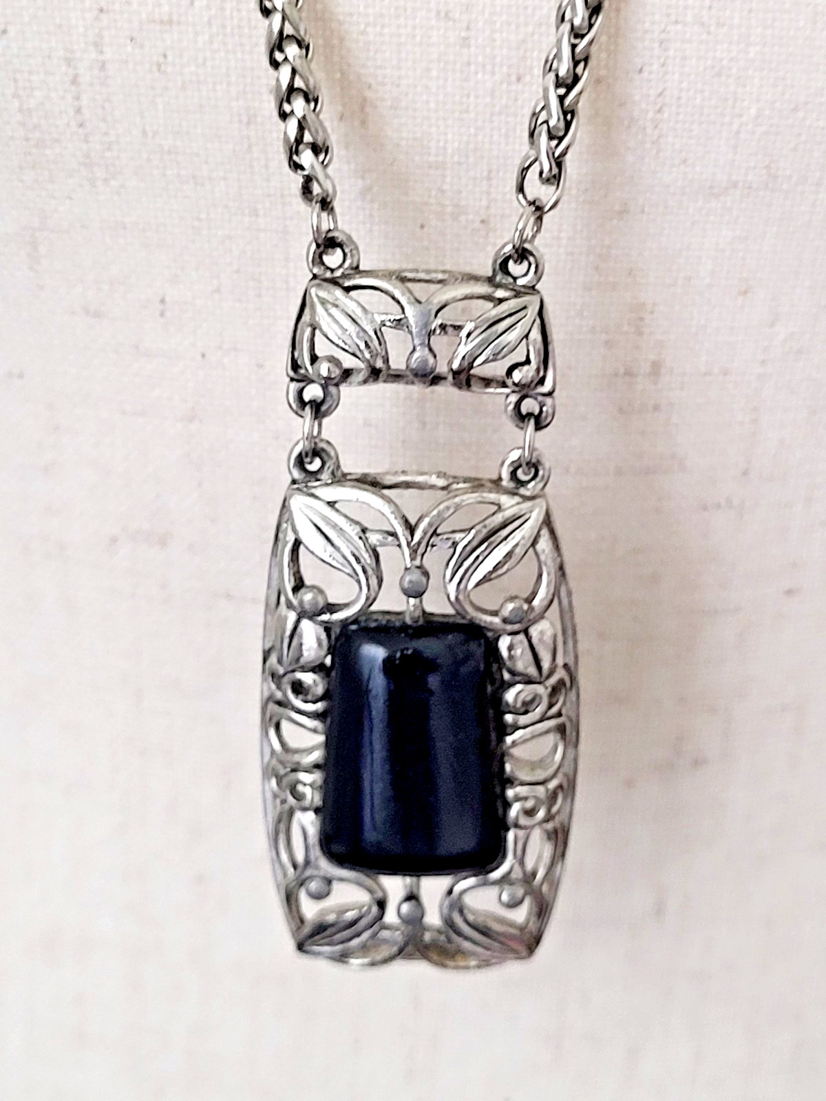 Vintage Wheat Chain Filigree Rectangle 2.5″ Pendant Resin Stone 15″