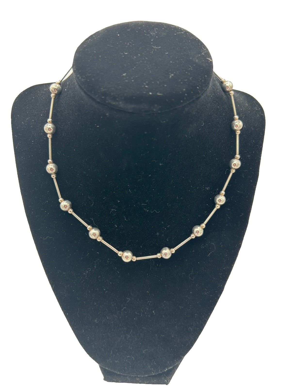 Vintage Sterling Silver Bar& Ball Bead Necklace 16”Long 925