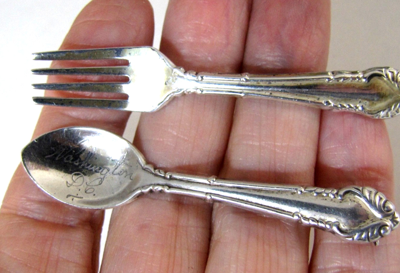Vintage Sterling Silver Spoon Fork Brooch Pin Set Washington DC Souvenir 2.5″ SB
