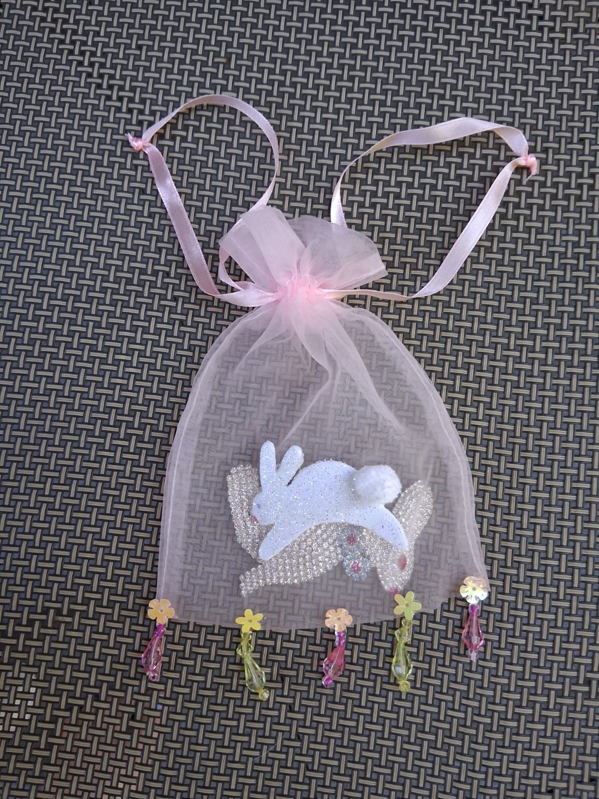 Beautiful Huge Rhinestone Bunny Brooch with Beaded Decorative Bag Vintage