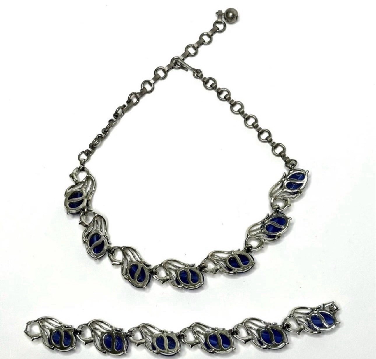 Vtg 1950s Lisner Signed Cobalt Blue Cabochon Leaf Necklace Bracelet Demi Parure