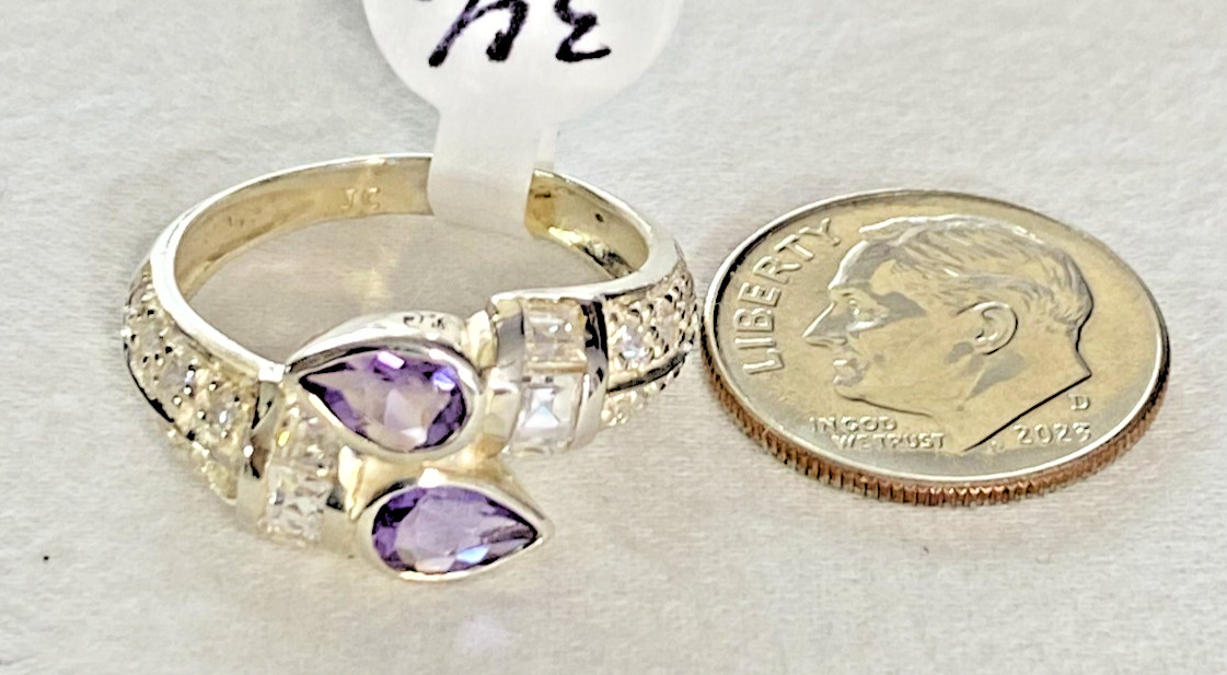 VTG 925 Sterling Silver JC Signed Purplei Stone / Pave CZ Ring, Size 7 NOS