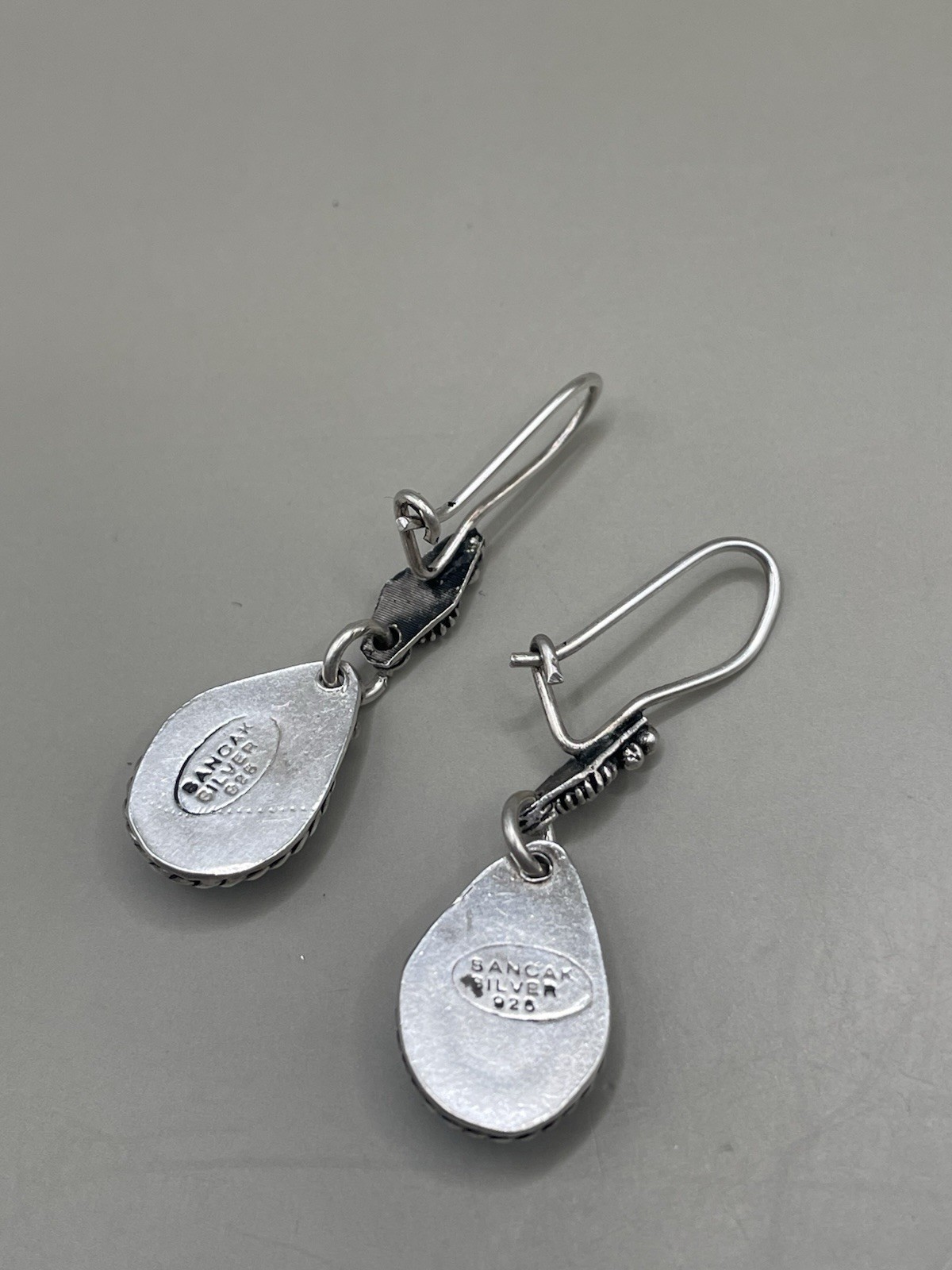 Vintage Sancak Silver 925 Turkey Blue Stone Pierced Hook 1.4” Dangle Earrings