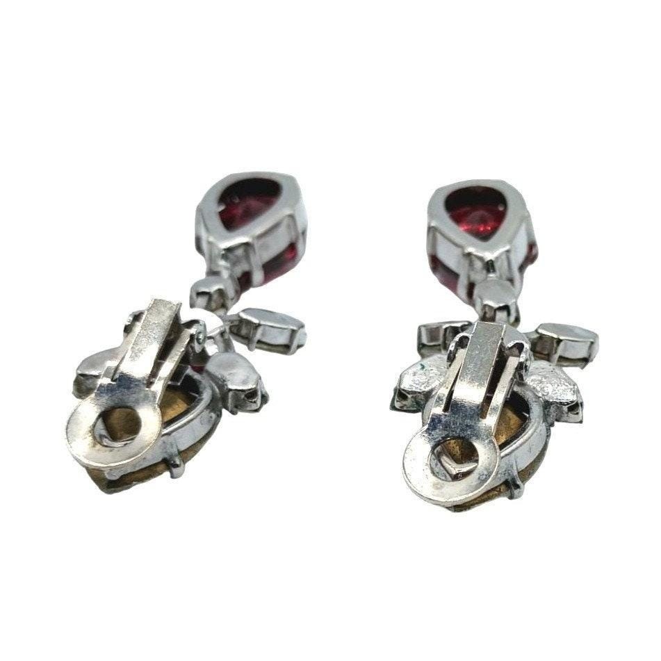 Schreiner Vintage Rhinestone Clip On Dangle Earrings Women Red Silver Tone