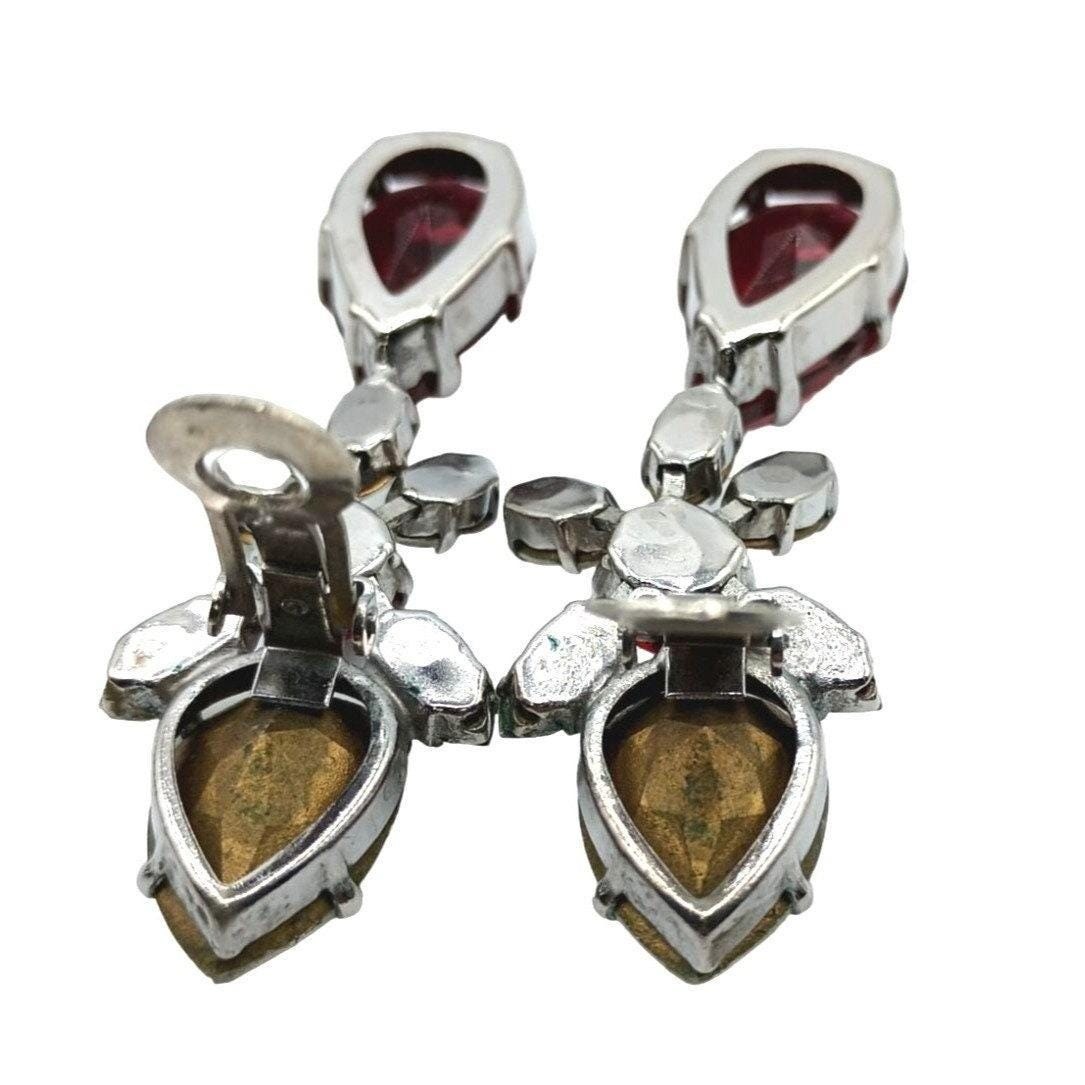 Schreiner Vintage Rhinestone Clip On Dangle Earrings Women Red Silver Tone