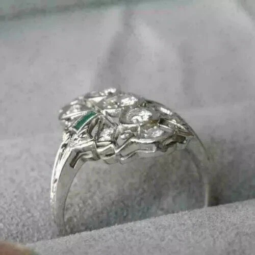 Vintage Art Deco Style Lab Created Diamond Engagement 14K White Gold Finish Ring