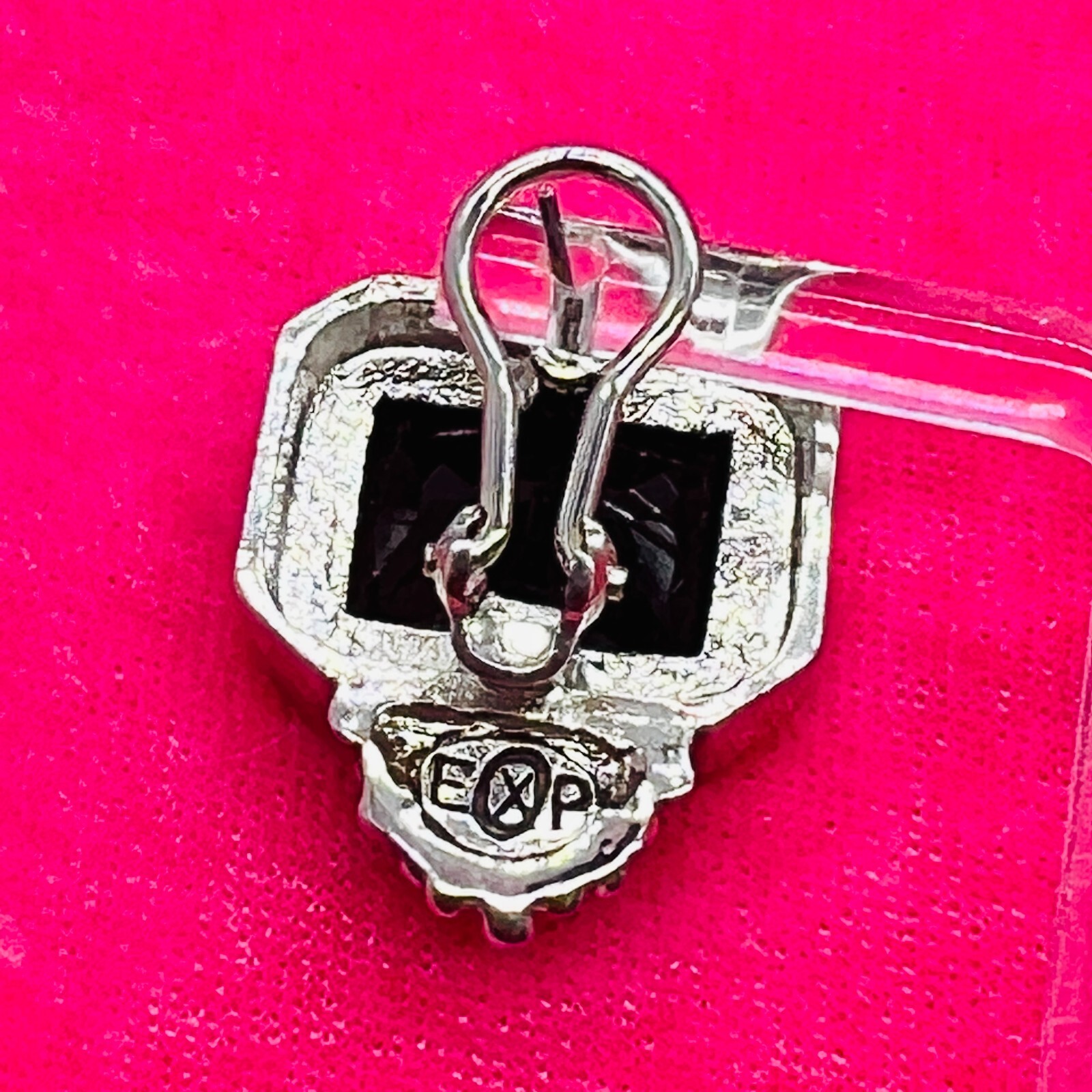 Vintage EXP Signed Silver Tone Earrings Black Stone Square Cut Grape Rectangle