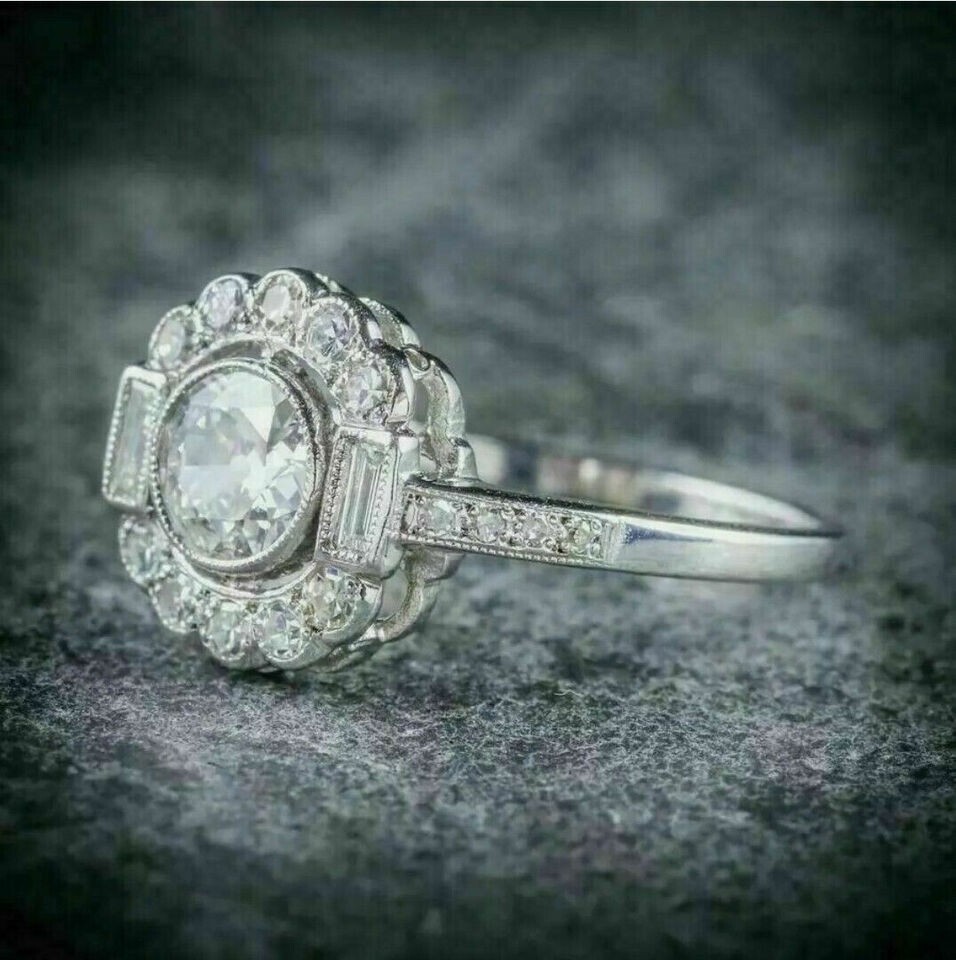 Retro Bezel Set Halo Engagement Ring Round Cut Moissanite 14K White Gold Plated