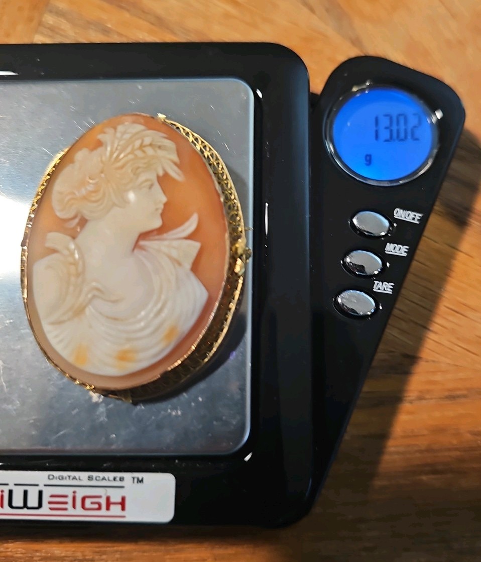 EARLY Vintage 14k Yellow Gold Shell Carved Cameo Brooch/Pendant 2″x1.5″ C-clasp